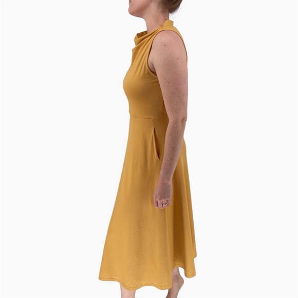 PACT | Organic Cotton Fit & Flare Mock Neck Midi Dress in Gold | Sz M - Picture 2 of 13